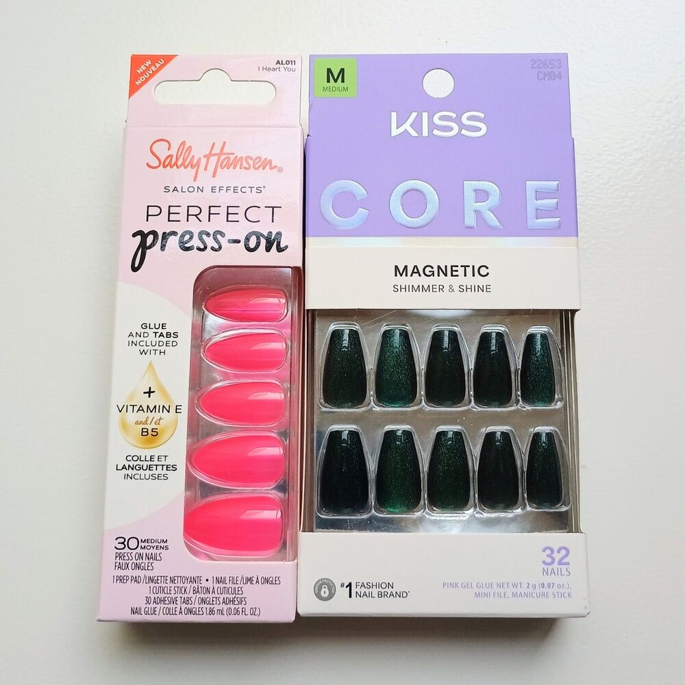 Sally Hansen & KISS Press On Nails Bundle 2 Pack Pink and Magnetic Shimmer Green